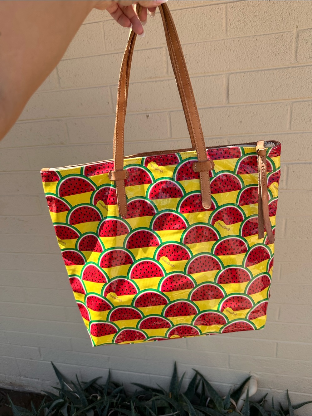 Vibrant Watermelon Consuela Tote Bag with Tan Handles